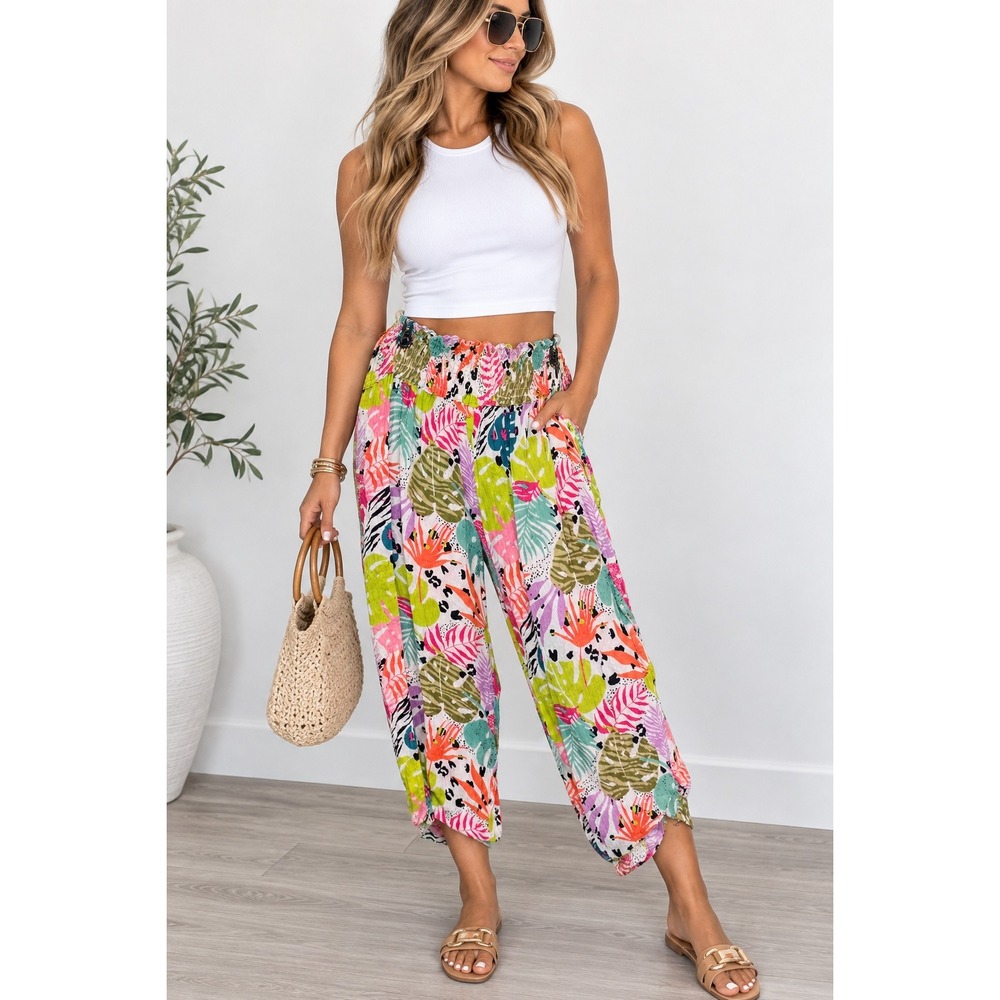 Tropical Floral Smocked Waist Relaxed Crop Pants Pink Green Multi Color